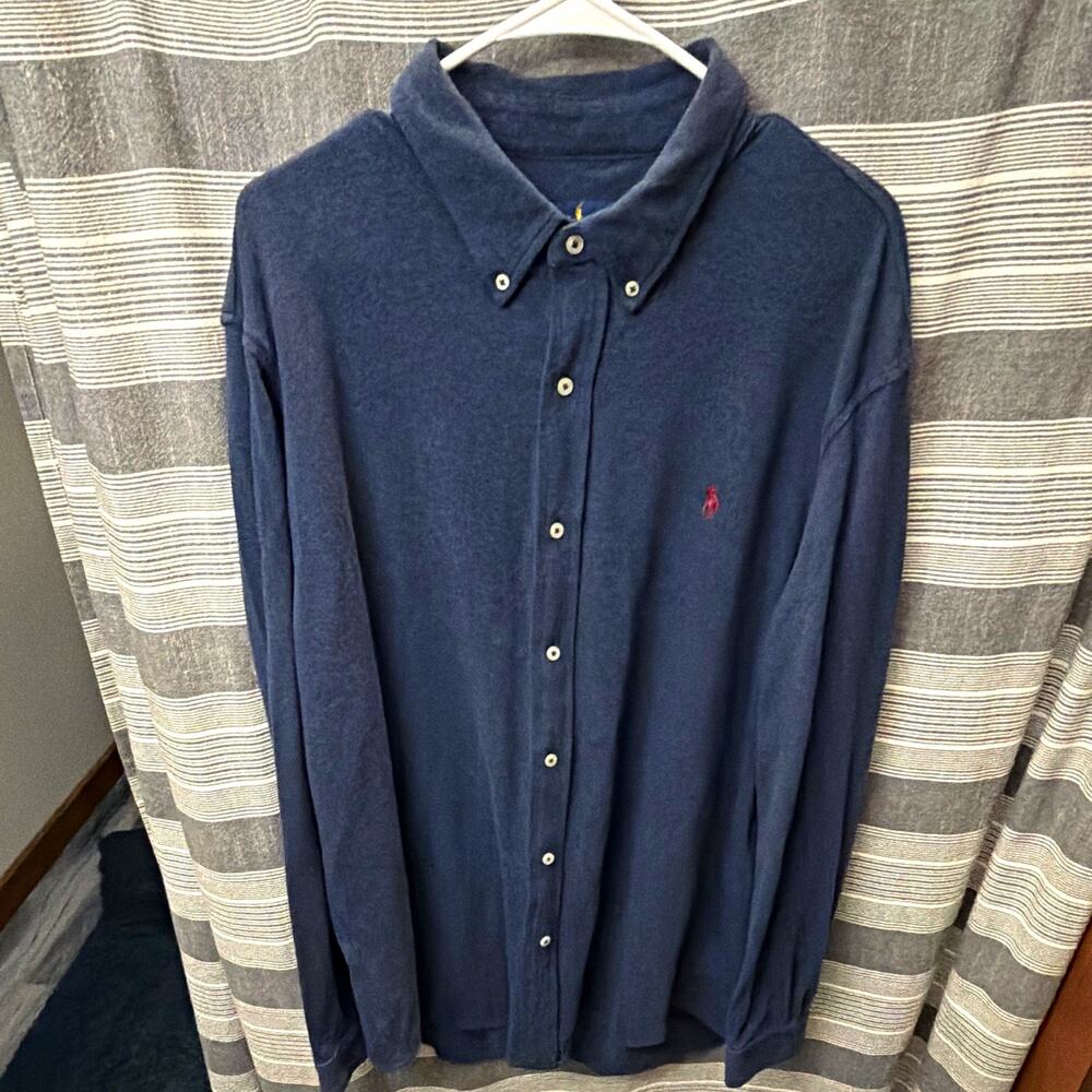 Polo Ralph Lauren Mens XXL Featherweight Mesh Button Down Shirt Blue Long Sleeve